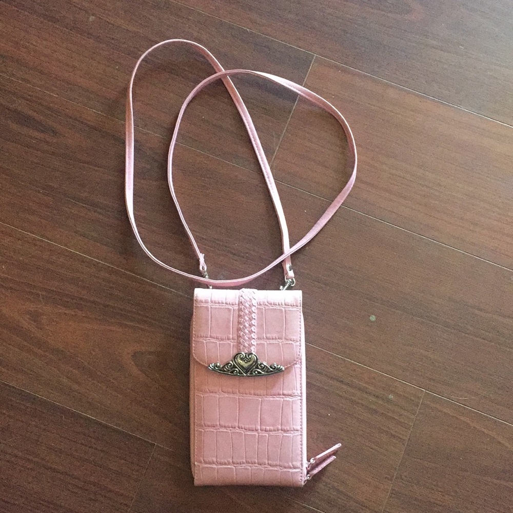 Pink alligator skin wallet with crossbody strap